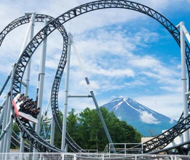 Roller coaster loop with Mount Fuji backdrop, Fujimien, Yamanashi, Chūbu Japan