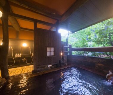Covered wooden onsen bath overlooking lush trees with traditional washing area at Fujiya in Kumamoto