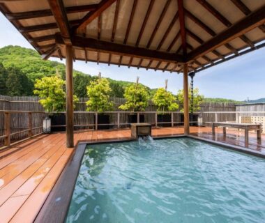 Roofed outdoor onsen with wooden deck and distant forested hills at Fujiya, Niigata