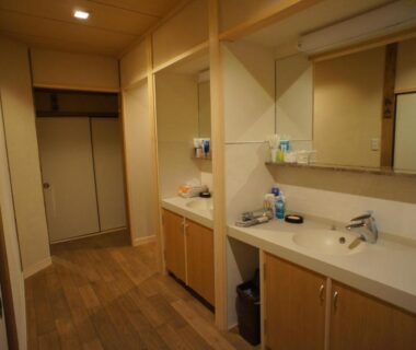 Double sink vanity and mirrors in shared wash area at Fujiya Ryokan Kyoto