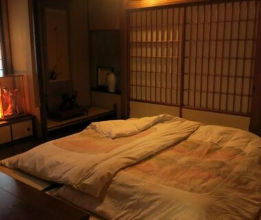 Traditional tatami room with futons, shoji screens and low table at Fujiya Ryokan in Kyoto