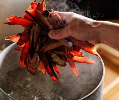 Hands holding red crab legs over a steaming pot at Fukashiso in Nagano, Chūbu