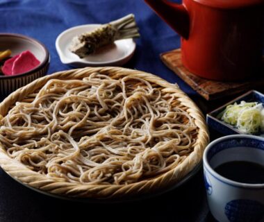 Chilled zaru soba with dipping sauce, condiments and pickles at Fukashiso ryokan, Chūbu Nagano