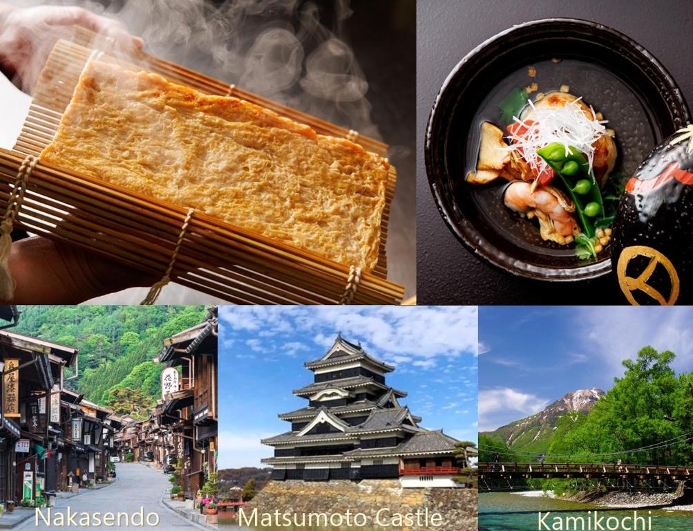 Nagano dishes and landmarks Fukashiso Chūbu Japan Nagano dishes, Matsumoto Castle, Nakasendo street and Kamikochi scenery at Fukashiso, Chūbu Japan