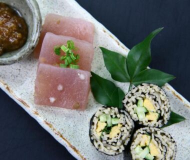 Sashimi and sesame avocado maki at Fukuichi ryokan in Yamanashi