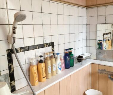 Handheld shower, tiled walls and toiletries on ledge in Fukushimakan guest bath, Kanagawa