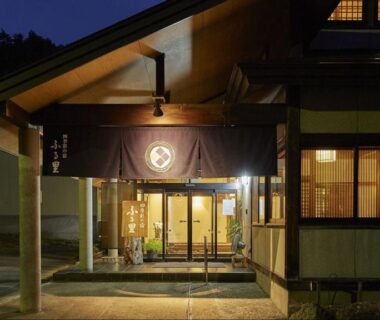 Entrance with noren and lanterns at Ryokan Fulsato in Iwate Tohoku