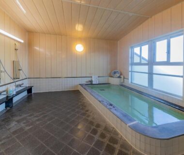 Indoor onsen bath with tiled floor and windows at Fureaihouse Shiodu no Sato in Niigata