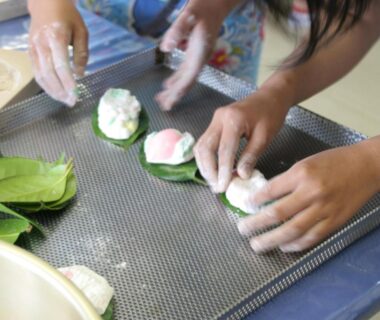 Hands shaping traditional sweets on leaves at Fureaihouse Shiodu no Sato, Niigata