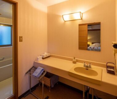 Sink, mirror and hairdryer with adjacent bathtub in Furusato ryokan bathroom, Gifu