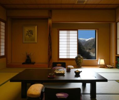 Tatami room with low table, floor cushions and shoji screens, Futari Shizuka, Nagano mountain view