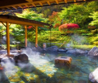 Steaming outdoor stone onsen with wooden shelter and autumn garden at Futari Shizuka, Nagano, Chūbu