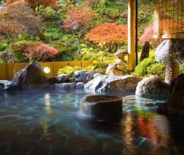 Covered stone onsen bath under wooden roof surrounded by autumn maple garden at Futari Shizuka in Nagano, Chubu