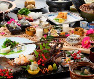 Varied traditional Japanese small dishes and bowls at Gekkoju Yufuin, Ōita, Kyūshū