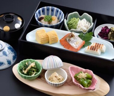 Lacquer tray with assorted small Japanese dishes at Gion Fukuzumi, Kyoto