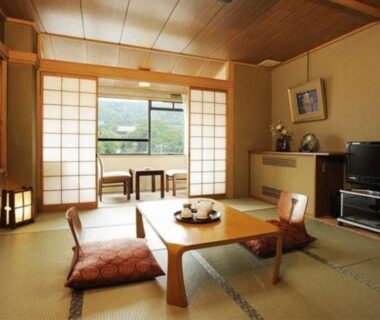 Traditional tatami room with low table and shoji at Gion Fukuzumi in Kyoto, Kansai