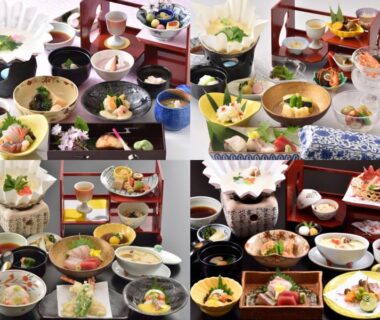 Assorted multi-course table with lacquer trays and small dishes at Gion Fukuzumi, Kyoto