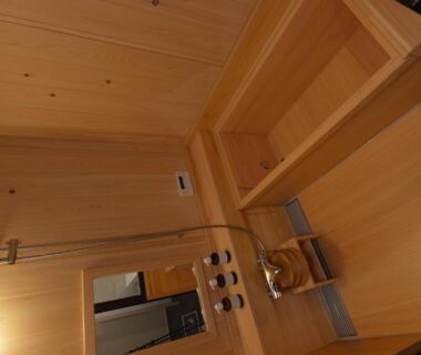 Wooden soaking tub and shower area at Gion Oyado Kikutani in Kyoto, Kansai, Japan