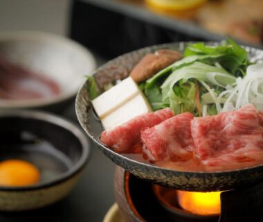 Raw beef, tofu and vegetables in a tabletop hot pot at Gion Ryokan Karaku Kyoto