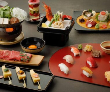 Assorted sushi and plated Japanese dishes served at Gion Ryokan Karaku in Kyoto