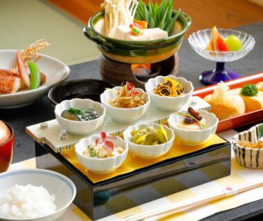 Assorted small Japanese dishes and rice served at Gion Ryokan Karaku, Kyoto