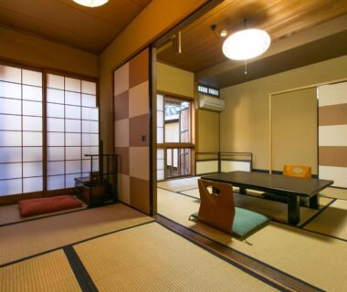 Traditional tatami room with low table and shoji screens at Gion Yoshiima in Kyoto