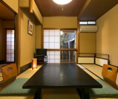 Tatami room with low dining table, zabuton chairs, shoji screens at Gion Yoshiima in Kyoto