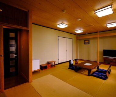Traditional tatami room with low table, floor cushions, sliding fusuma doors and television at Good Stay Mizuho in Ōita