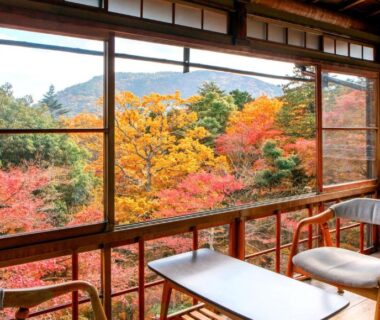 Tatami seating with low table and chairs overlooking vibrant autumn maple foliage and distant mountains