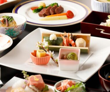 Assorted Japanese course dishes arranged on table at Gora Kansuiro, Kanagawa, Kantō