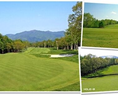 Manicured golf fairway with bunker, tree-lined course and distant mountains near Goroji Bekkan in Gunma