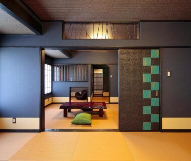 Tatami room with shoji screens, low table and zabuton at Goyokan, Shizuoka, Chūbu Japan