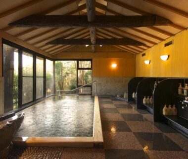 Indoor onsen bath with wooden beams and garden-facing windows at Gyokutei, Kanagawa, Kantō, Japan