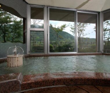 Stone-lined indoor onsen with wooden bucket and large windows overlooking forested hills at Gyokutei, Kanagawa, Kantō