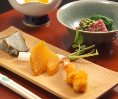 Plated small Japanese dishes on lacquer tray at Gyokutei, Kanagawa, Kantō