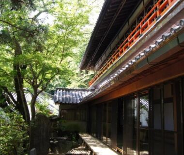 Traditional wooden verandah with stone pathway and garden trees at Gyokuzoin in Nara