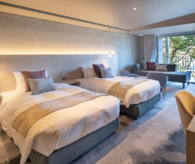Spacious twin room with seating and balcony overlooking trees at HAKONE NICA, Kanagawa, Japan