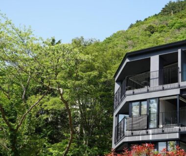 Multi-story building with balconies beside wooded hillside, HAKONE NICA, Kanagawa Kanto Japan