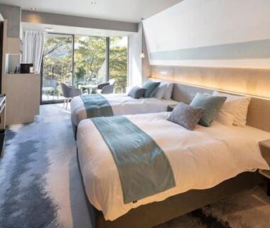Twin beds with teal runners, large window overlooking garden, wooden accents and carpeted floor at HAKONE NICA Kanagawa