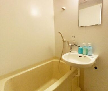 Small bathtub and sink with toiletries at HOTEL HOUSE LEE in Tokyo