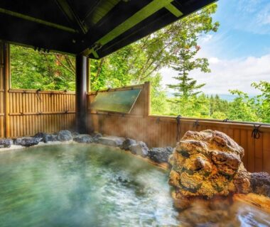 Roofed outdoor onsen with rock bath, steam and forest view at Hachimantai Mountain Hotel & Spa, Iwate