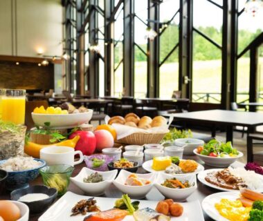 Buffet breakfast spread in bright dining room at Hachimantai Mountain Hotel & Spa in Iwate, Tōhoku