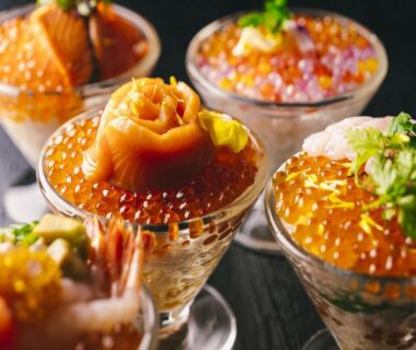 Glass cups of ikura and seafood garnishes at Hakodate Kokusai Hotel, Hokkaidō