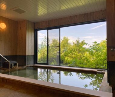 Wooden indoor onsen bath with large window overlooking green trees at Hakone Ashinoko Bikeikan, Kanagawa