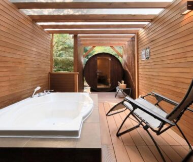 Covered wooden bathing terrace with tub and barrel bath, Hakone Fuga Adult Only, Kanagawa, Japan