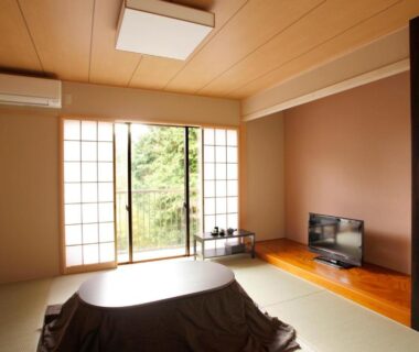 Tatami room with low table, shoji screens, TV, and balcony with garden view at Hakone Fura, Kanagawa