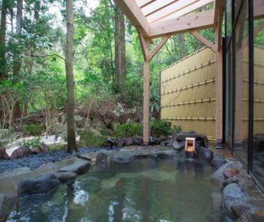 Rock-lined outdoor onsen bath with wooden spout, sheltered roof and surrounding forest at Hakone Kowakien Miyamafurin, Kanagawa