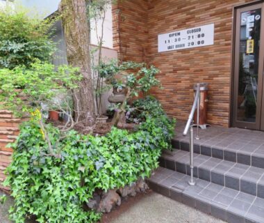 Entrance steps with tiled wall and planted greenery at Hakone Miyanoshita Myojokan, Kanagawa, Japan.