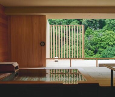 Indoor wooden onsen bath with sliding screen and verdant forest view at Hakone Pax Yoshino, Kanagawa