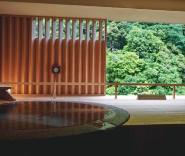 Indoor wooden onsen with wide veranda overlooking lush forest at Hakone Pax Yoshino in Kanagawa